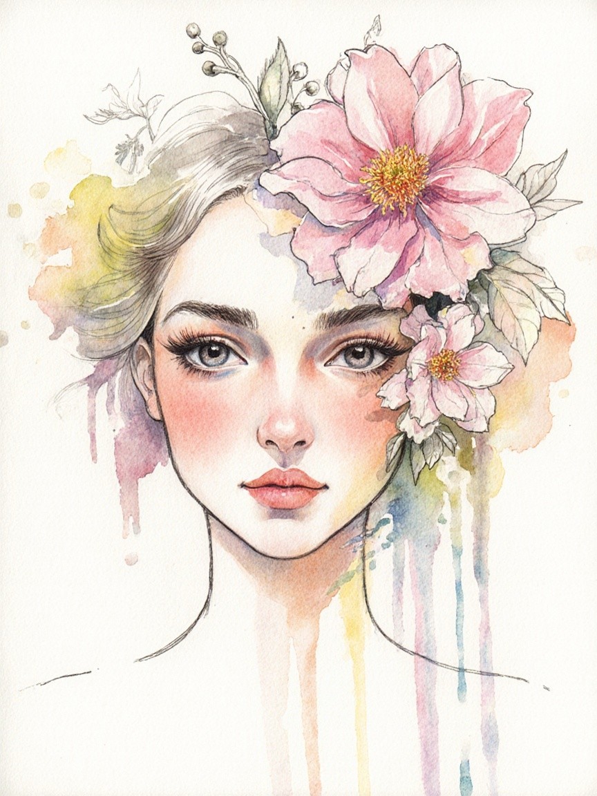 Watercolor Portrait of a Serene Young Woman