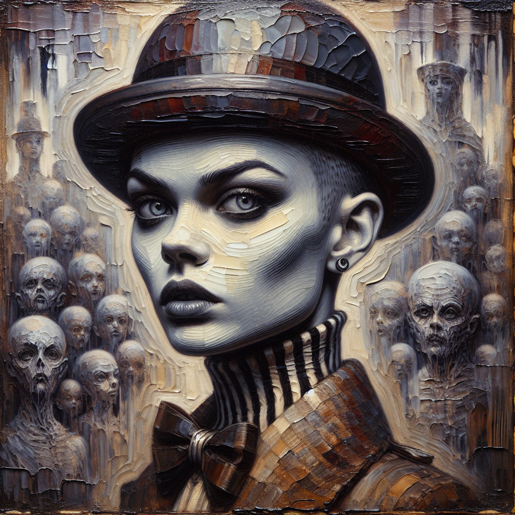 Striking Figure with Hat Among Ghostly Background