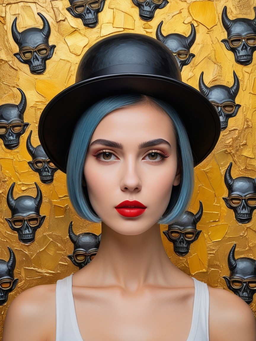 Portrait of Model with Blue Hair and Skull Motifs