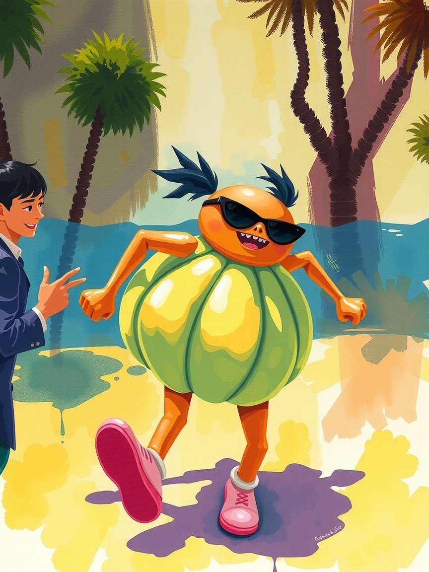 Cartoonish Beach Scene with Playful Orange Character
