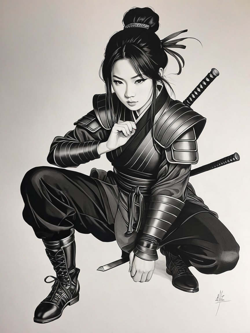 Fierce Female Warrior in Traditional Samurai Armor