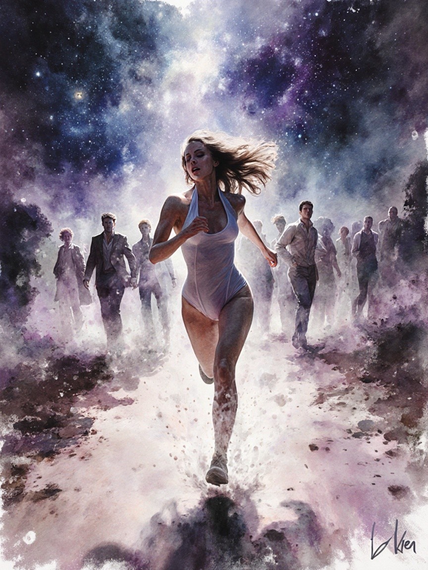 Surreal Cosmic Landscape with Woman in White Outfit