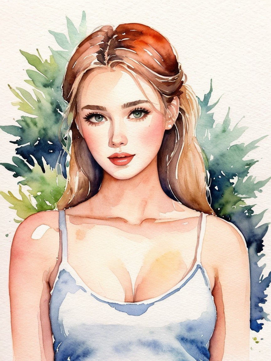 Watercolor Portrait of a Young Woman with Green Eyes