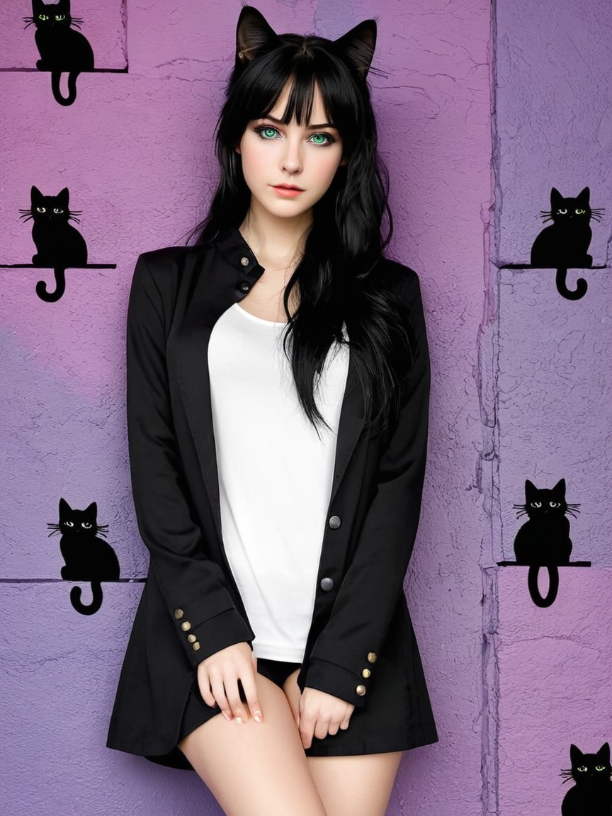Young woman in black blazer against purple wall