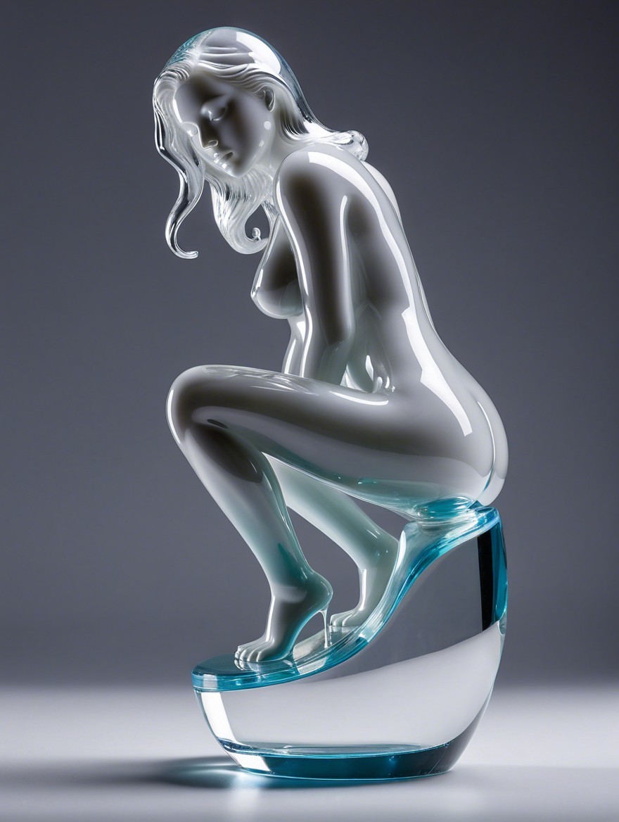 Glass Sculpture of Crouching Female Figure with Details