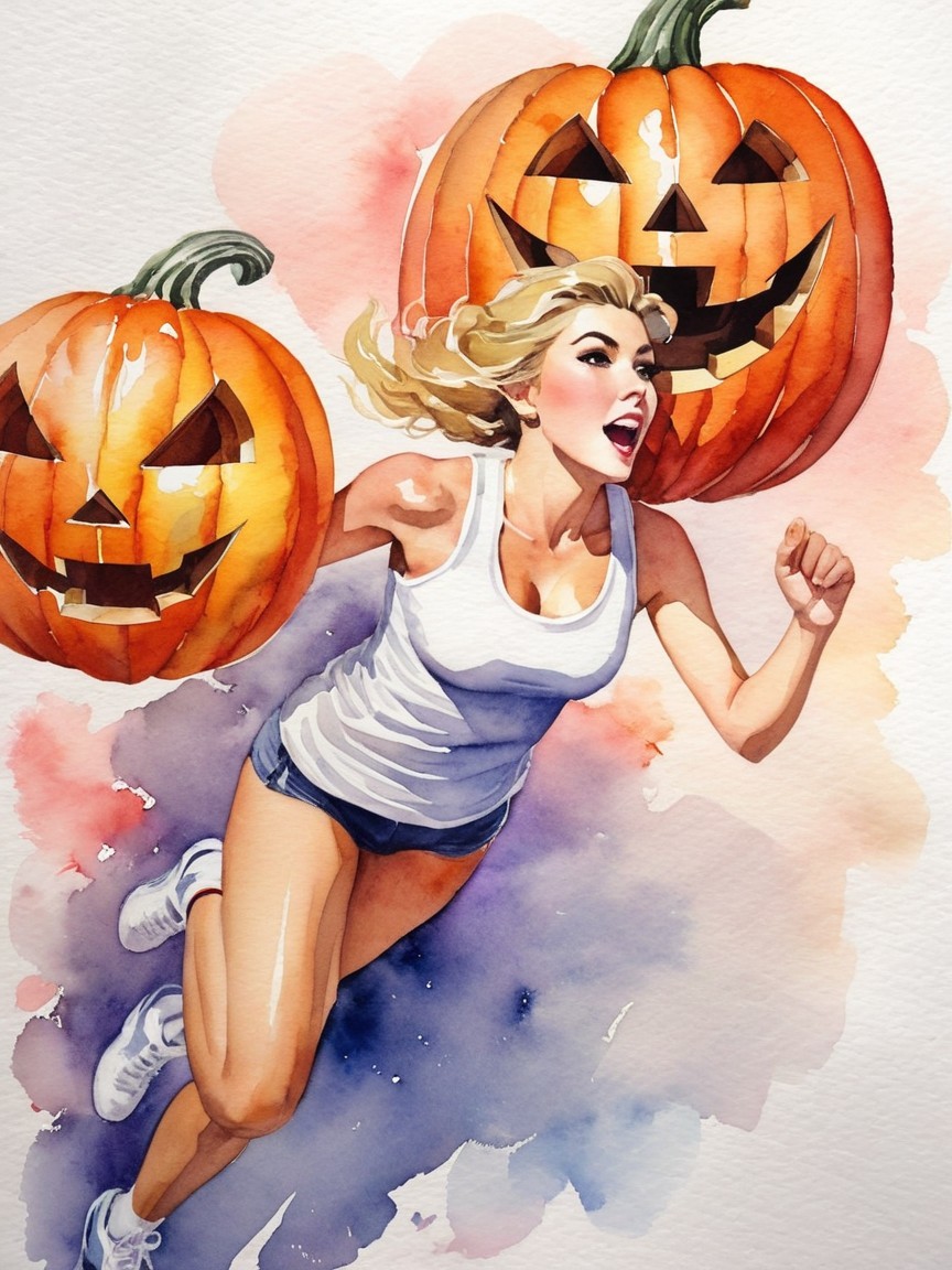 Energetic Woman Running with Grinning Pumpkins