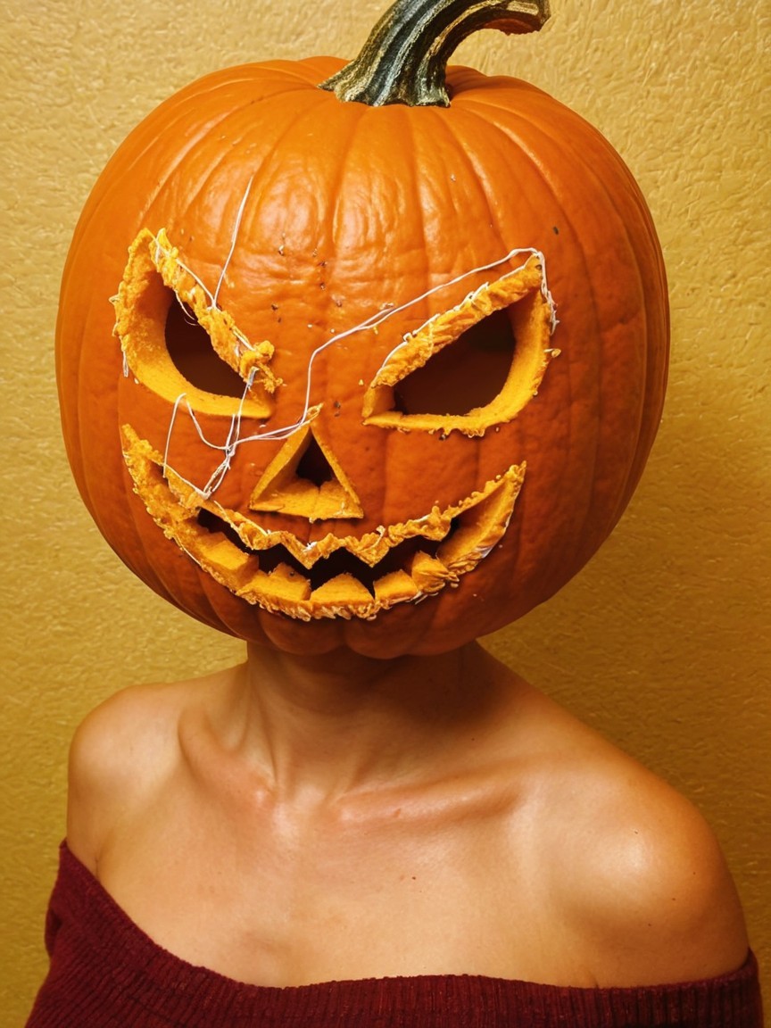 Halloween Costume with Carved Pumpkin Headpiece