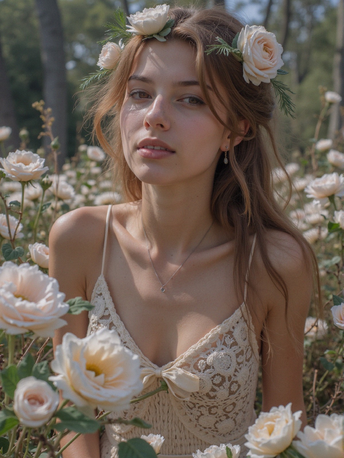 Young woman in a sunlit garden with blooming roses