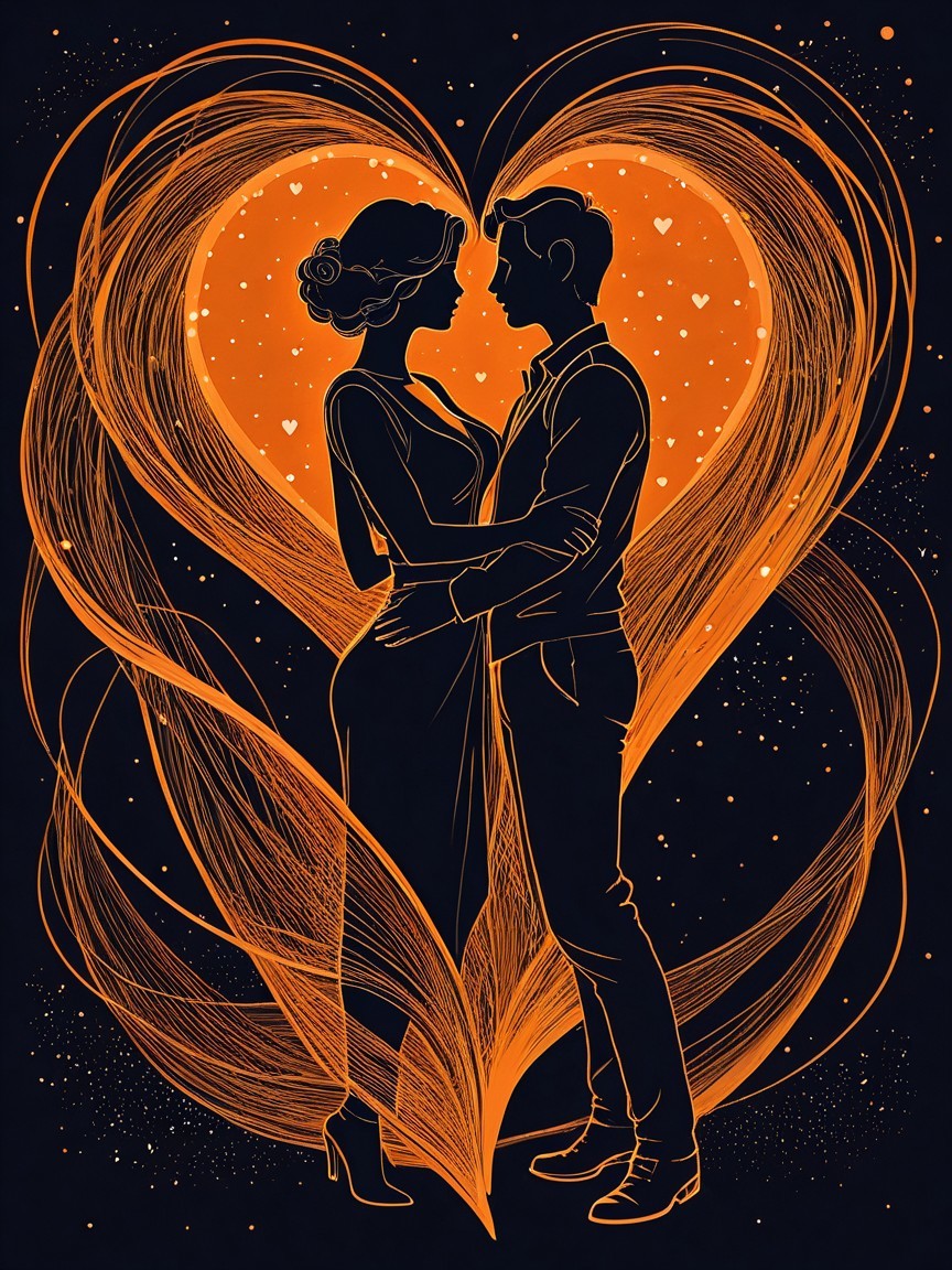 Silhouette of Embracing Couple in Artistic Heart Design