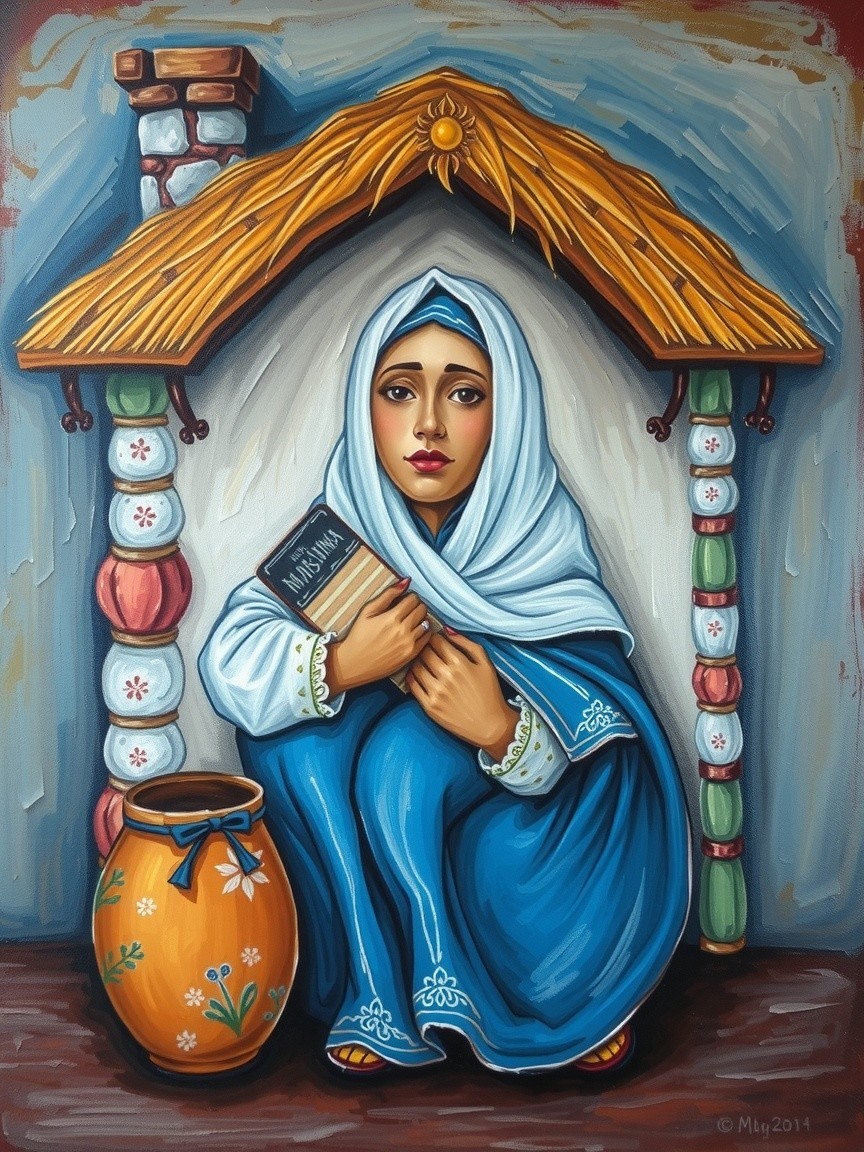 Young Girl in Blue Dress Beneath Wooden Arch