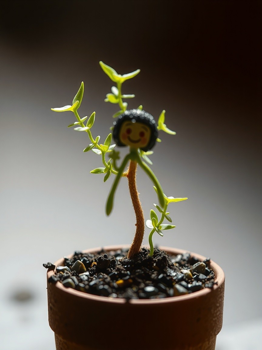 Small green plant in brown pot with whimsical character