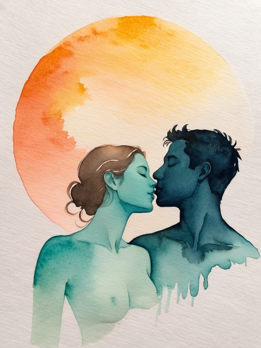 Couple in Intimate Kiss with Watercolor Sunset Background