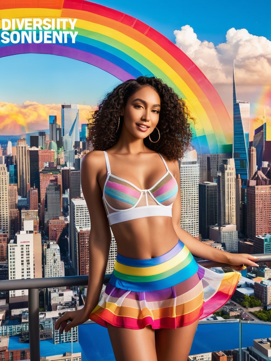 Confident Woman in Colorful Outfit Against City Skyline