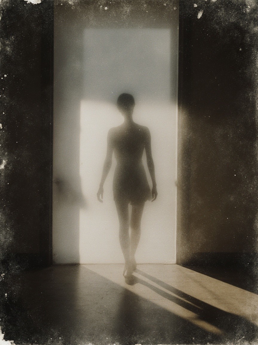 Silhouetted Figure in Ethereal Light and Aged Surroundings