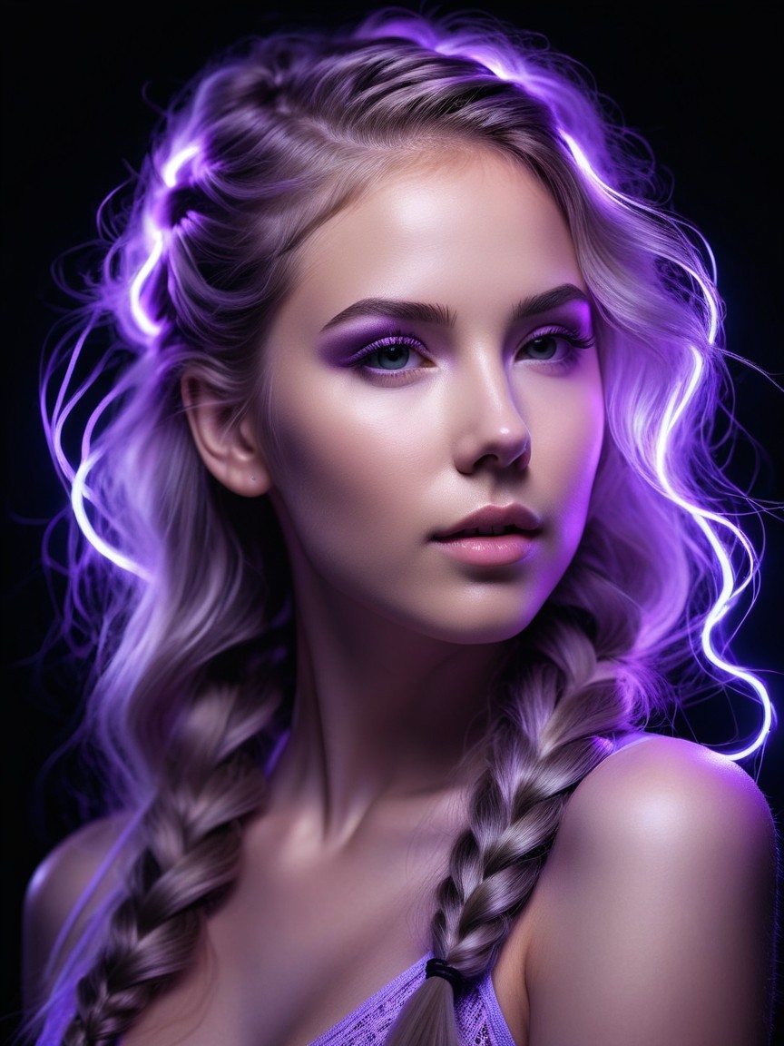 Close-Up Portrait of a Young Woman in Purple Light