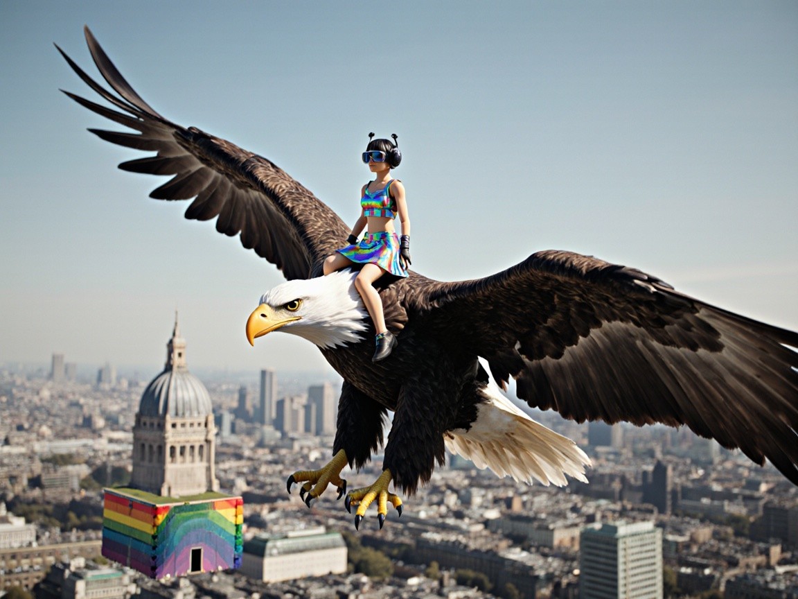 Girl in Colorful Outfit Riding Eagle Over City Skyline