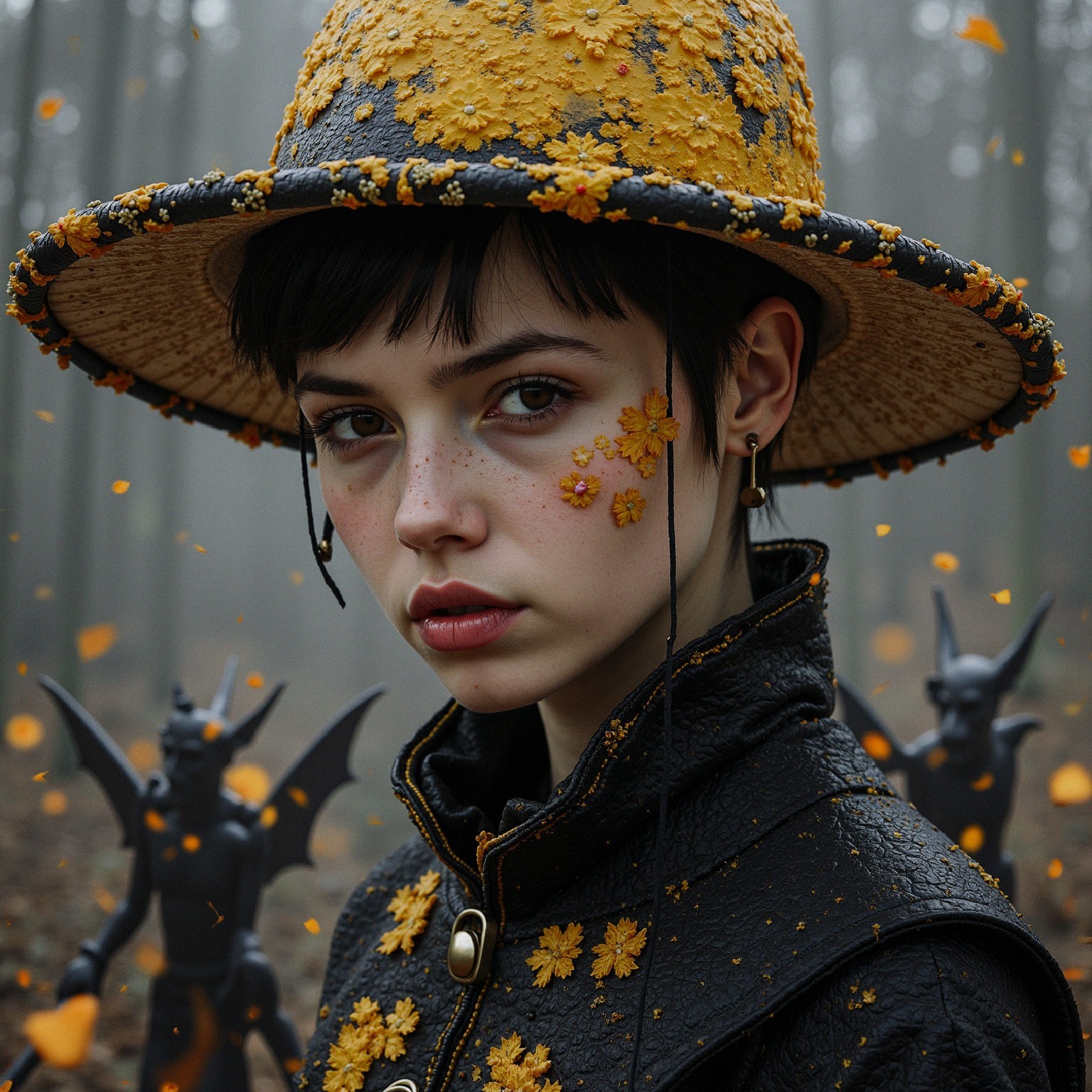 Young woman in yellow hat in misty forest setting