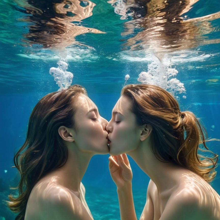 Underwater Kiss Between Two Women in Blue Water