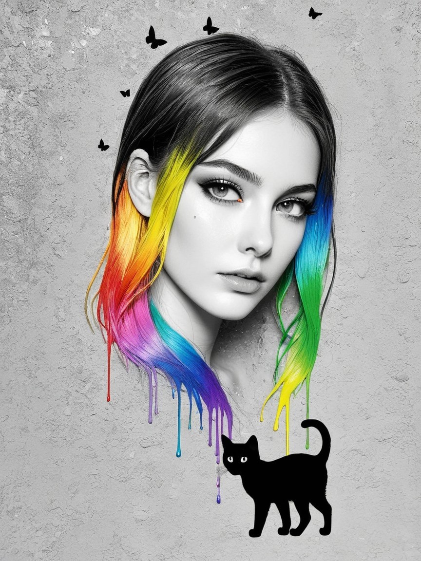 Black and White Portrait with Colorful Hair and Butterflies