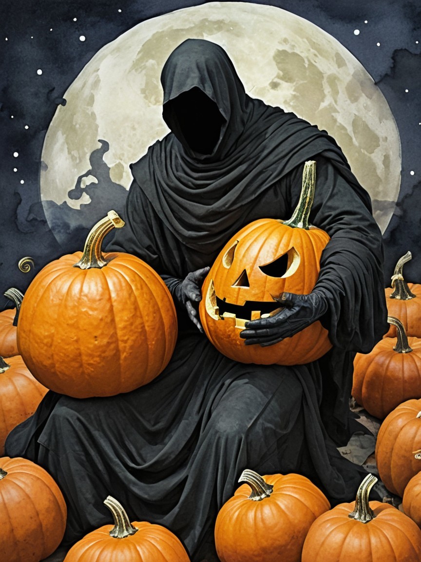 Cloaked Figure with Carved Pumpkin Under Full Moon