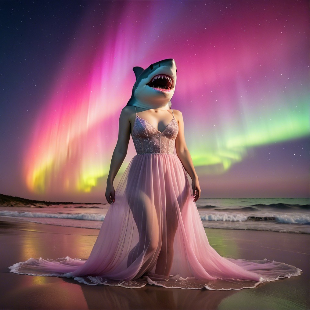 Surreal Beach Scene with Shark Head and Auroras