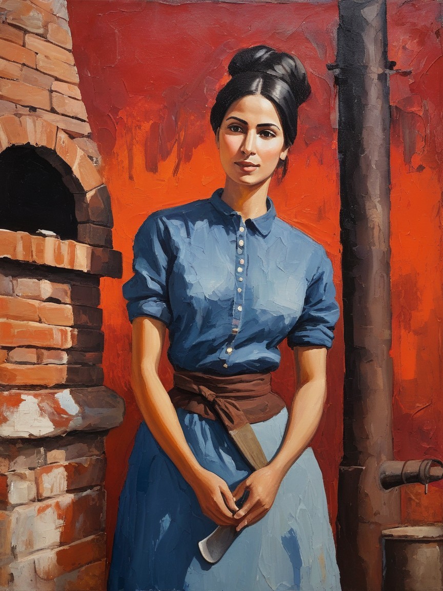 Woman in Blue Shirt by Brick Oven with Red Background