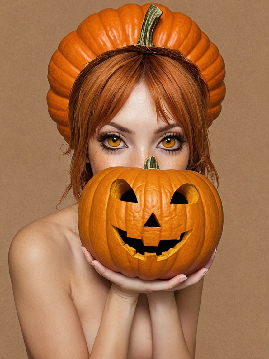 Young Woman with Red Hair and Halloween Jack-o'-Lantern