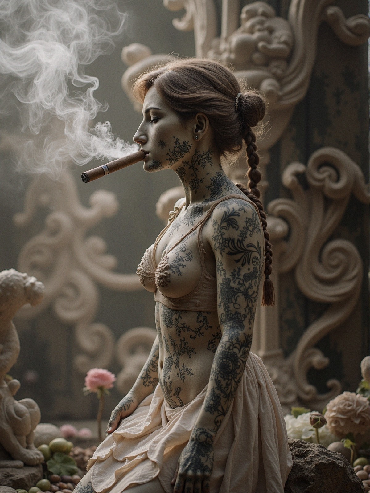 Contemplative Figure in Ornate Tattooed Setting