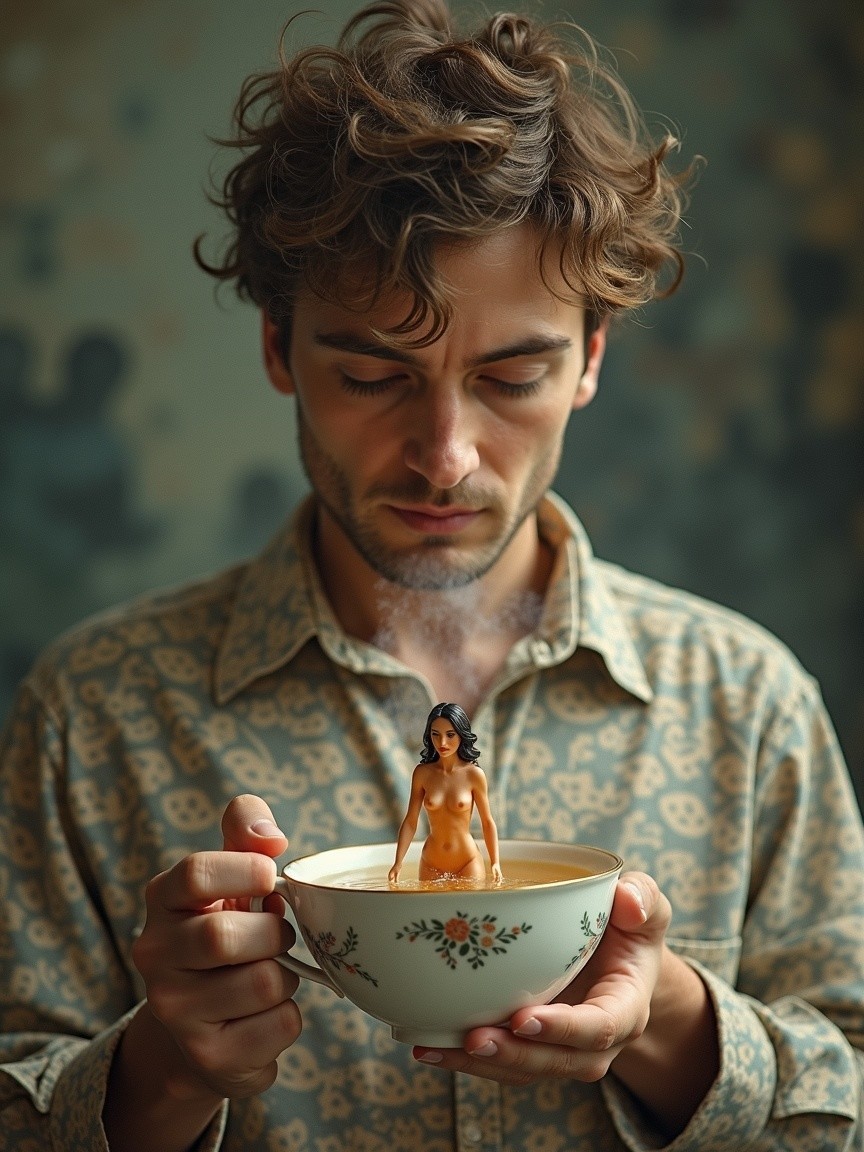 Young man observes whimsical scene in delicate teacup