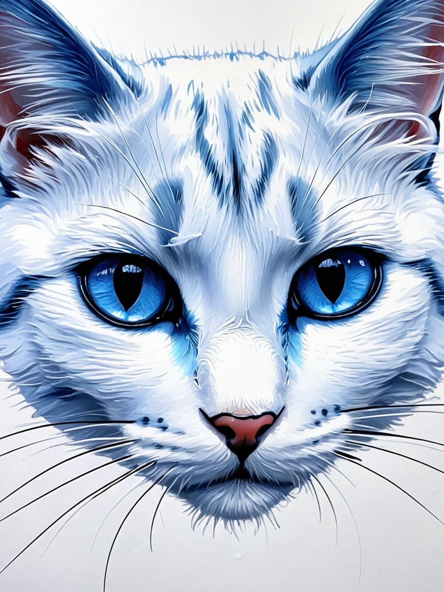 Close-Up of a White Cat with Blue Eyes and Fur Texture