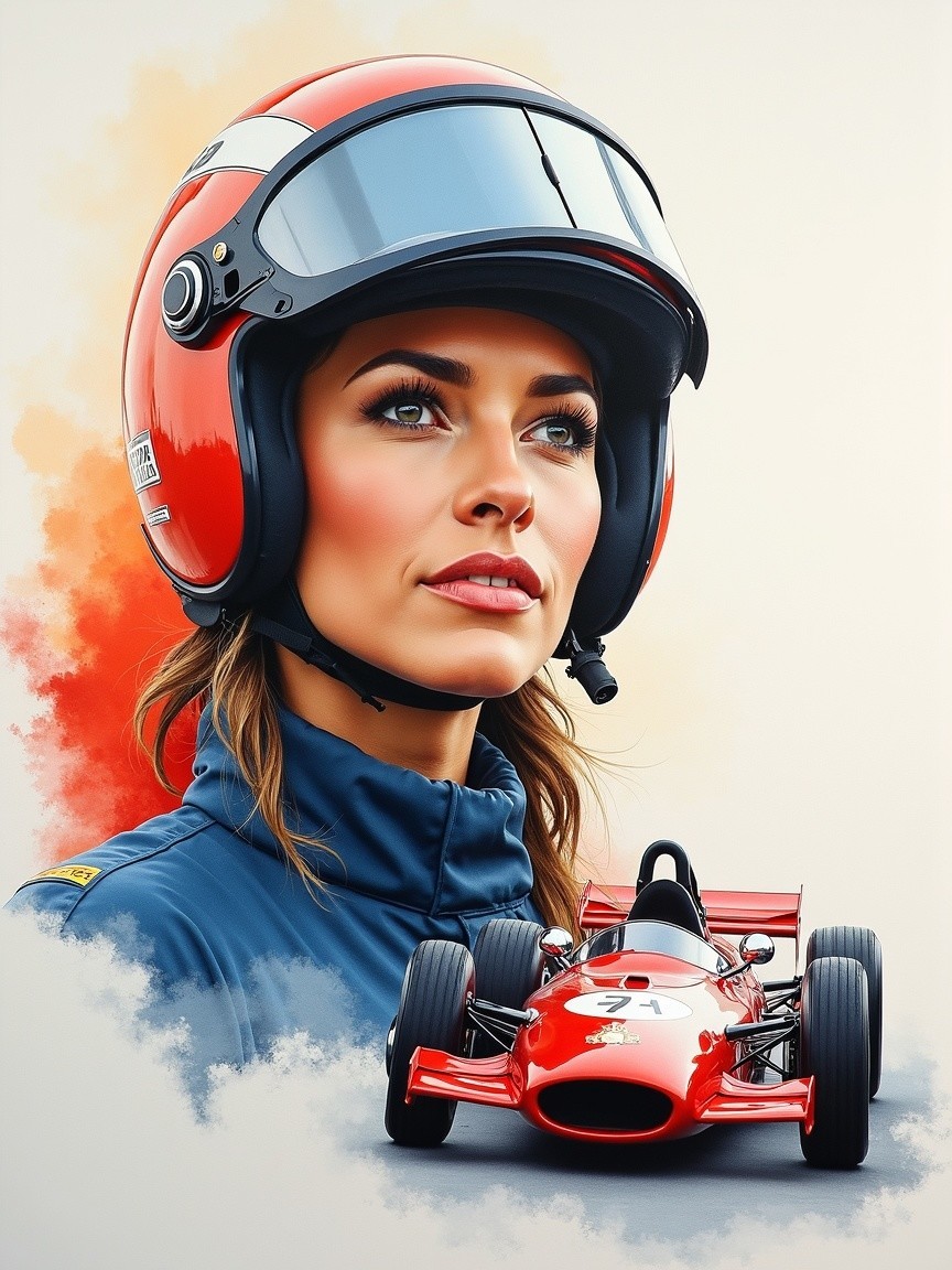 Confident Woman in Red Racing Helmet with Car