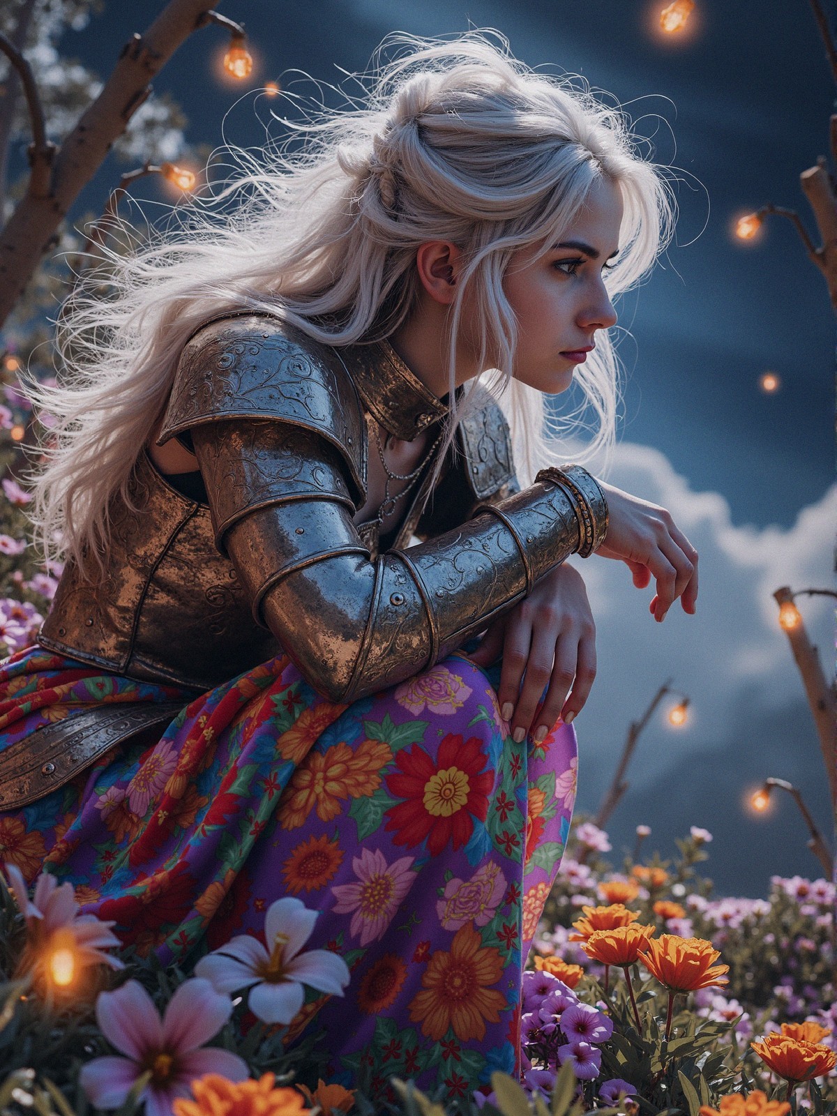 Young Woman in Armor Surrounded by Flower Field