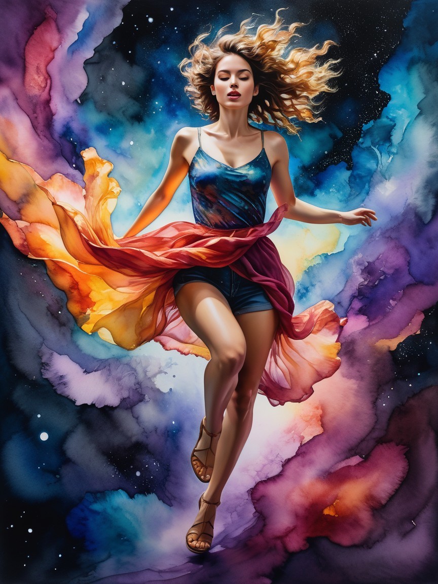 Vibrant fantasy scene with a dancing woman in colors