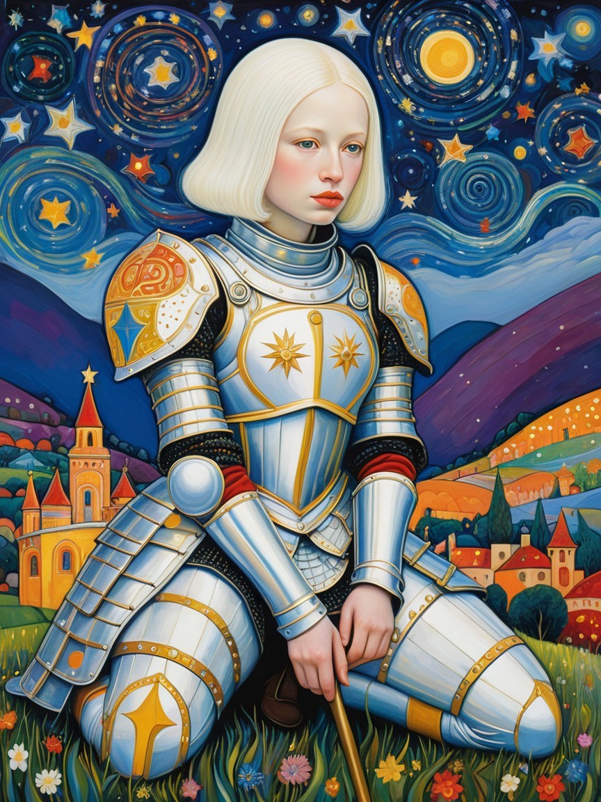 Kneeling Figure in Armor Amidst Starry Landscape