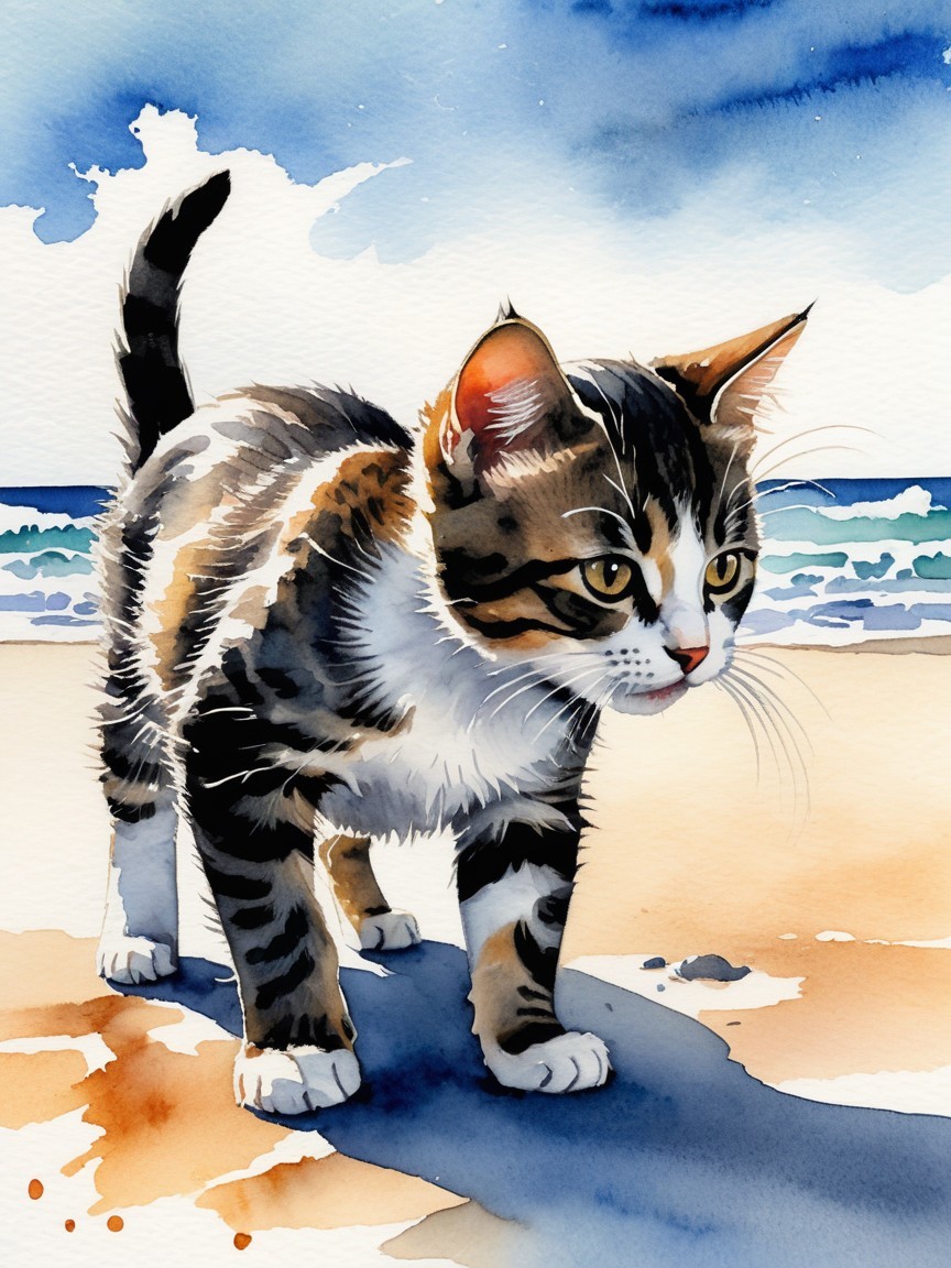 Watercolor Painting of Tabby Kitten on Beach