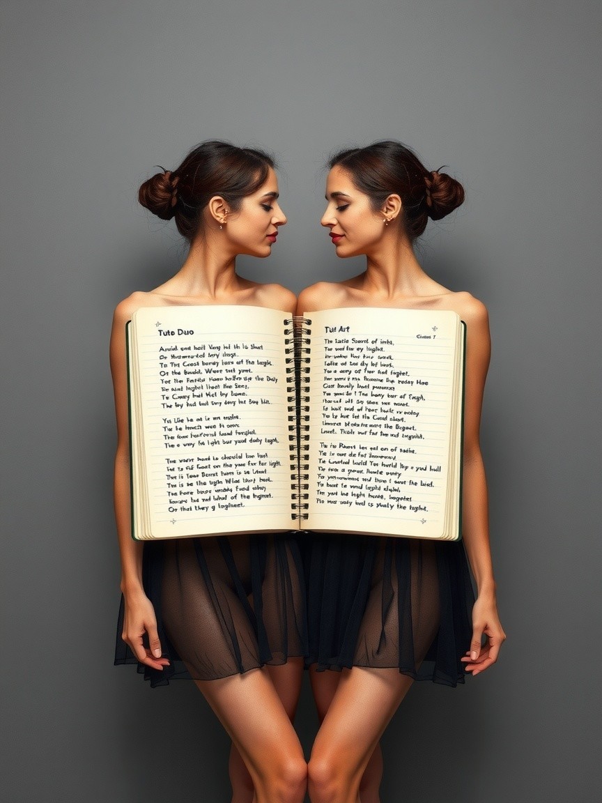 Identical Women with Poetry Books Against Gray Background