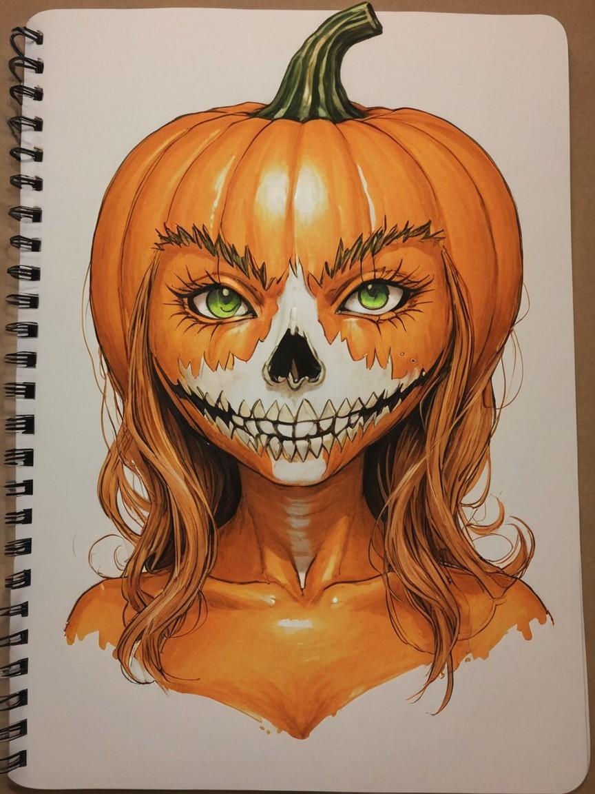 Female Figure with Pumpkin Head and Skull Design
