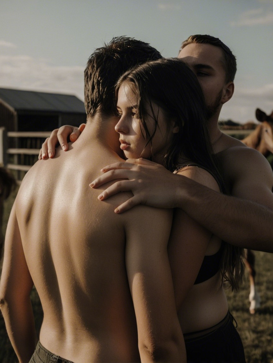 Intimate Outdoor Scene with Three Individuals and Horses