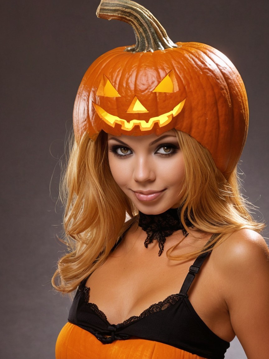 Young Woman in Pumpkin Hat with Halloween Theme