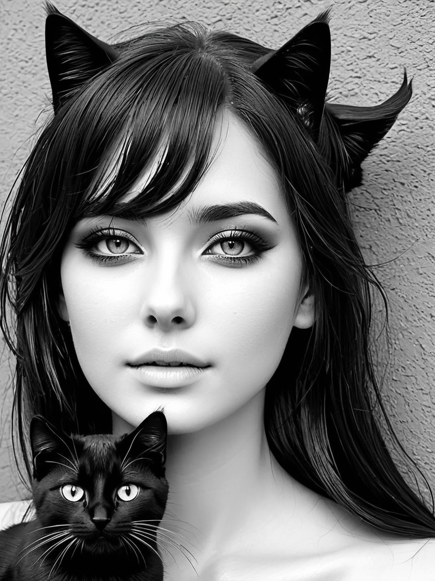 Black-and-White Portrait of a Young Woman with Cat Ears