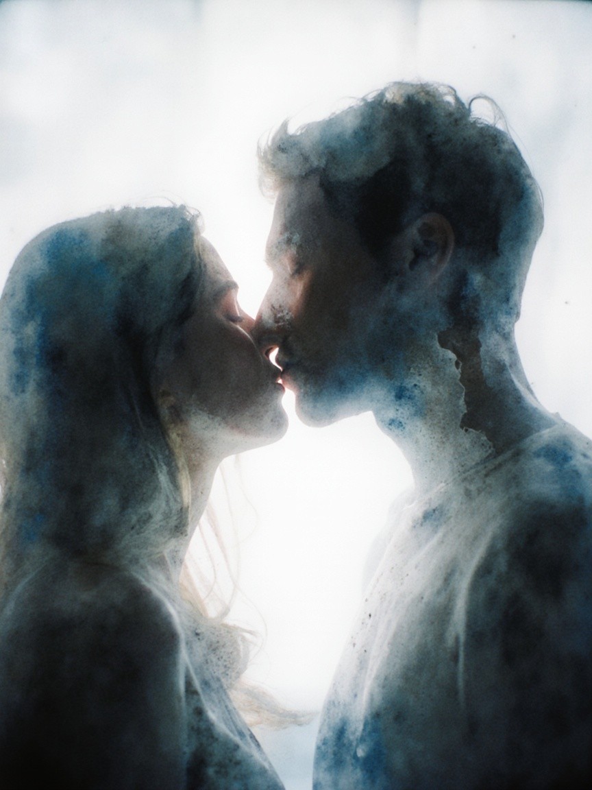 Soft-focus silhouette of a couple kissing in hues