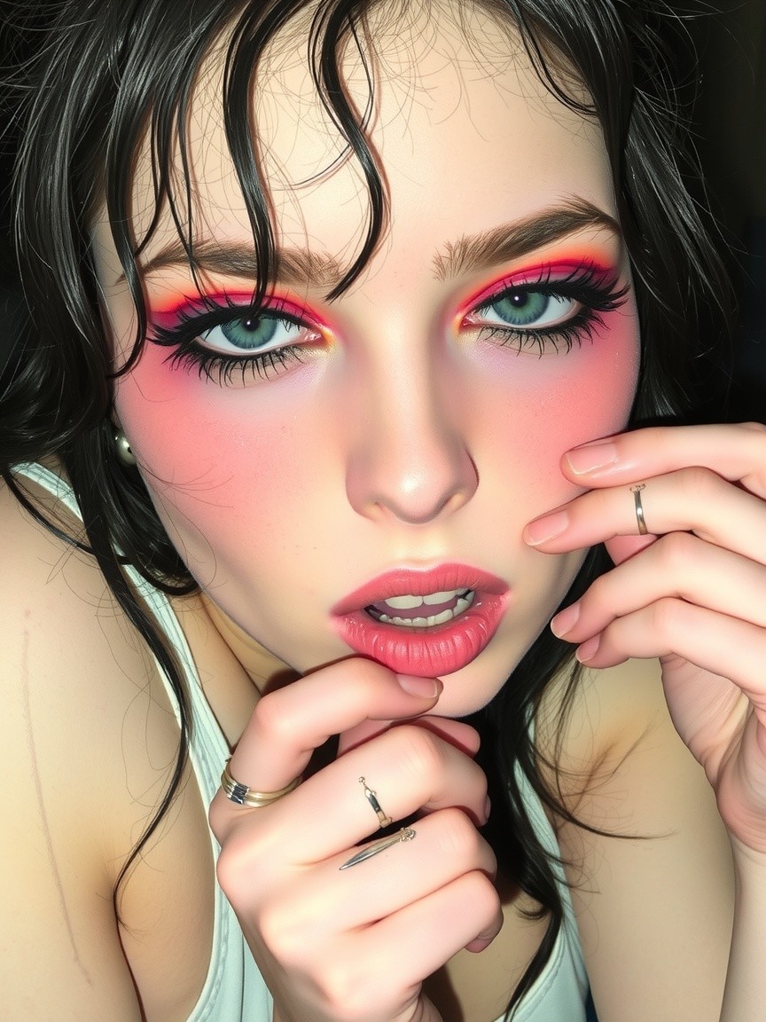Close-up of a young woman with bold makeup features