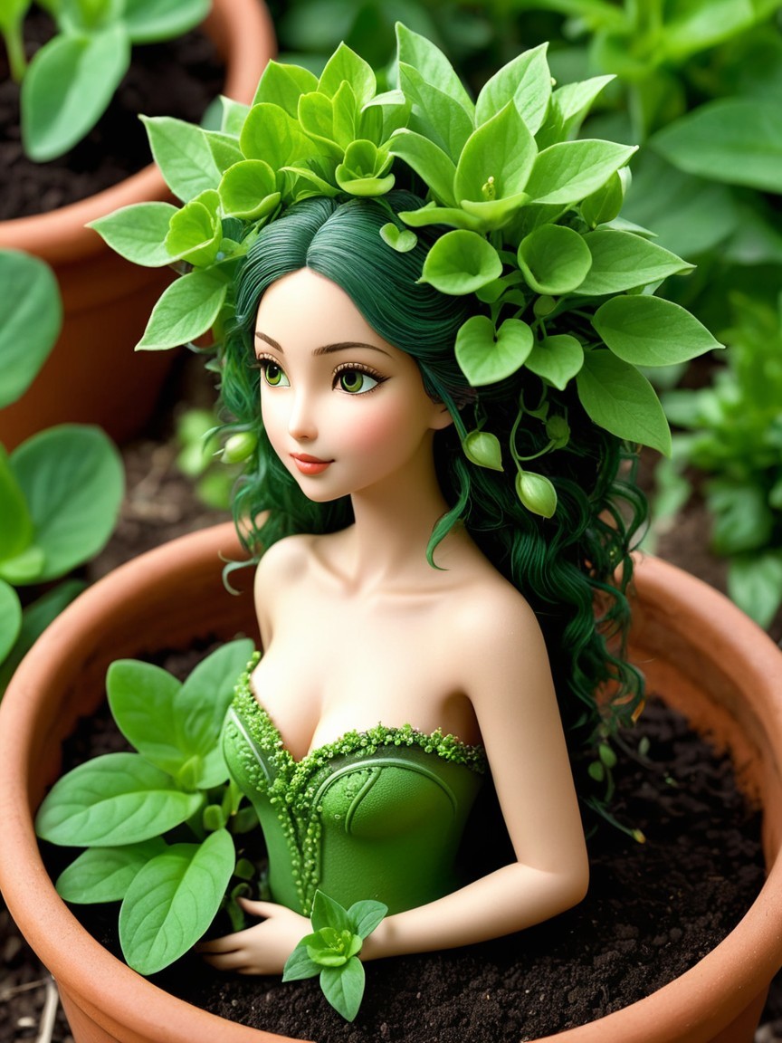 Green-Haired Doll in Terracotta Pot with Plants