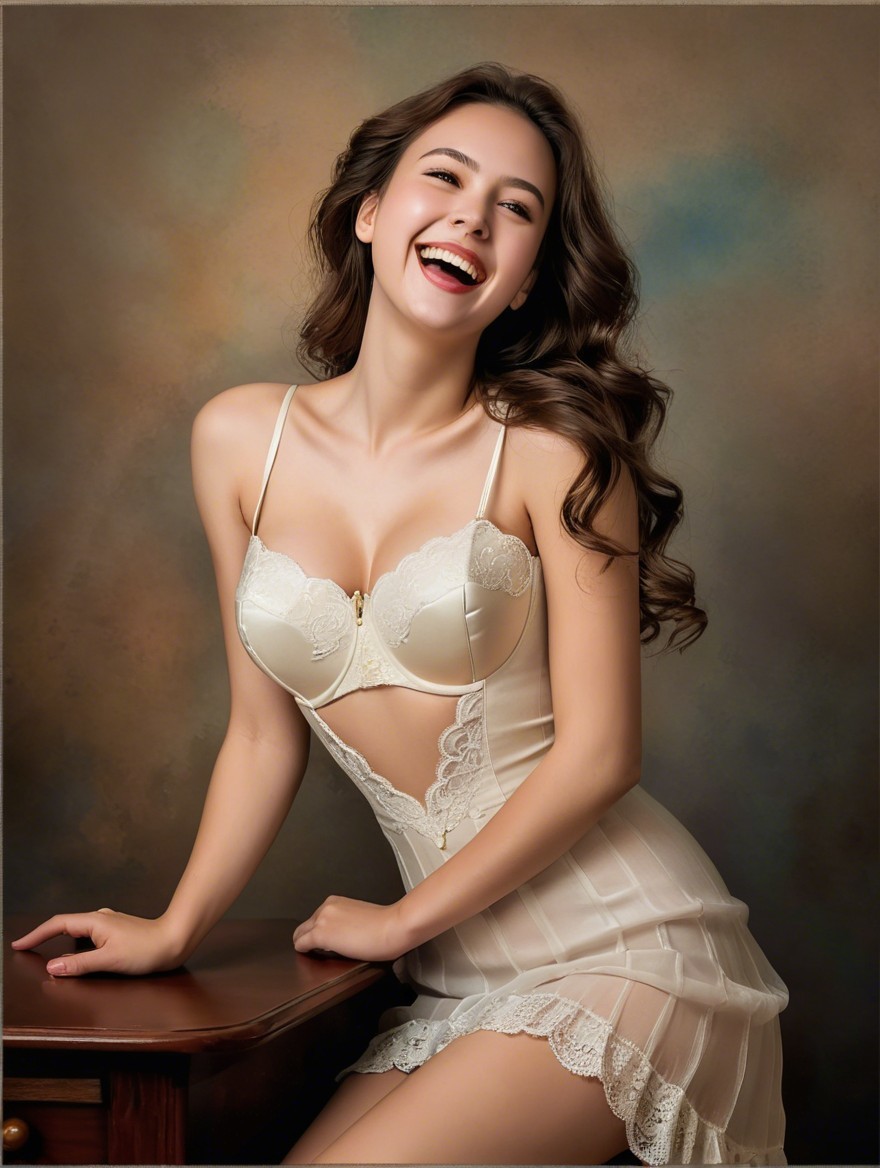 Young woman in cream lingerie beside wooden table