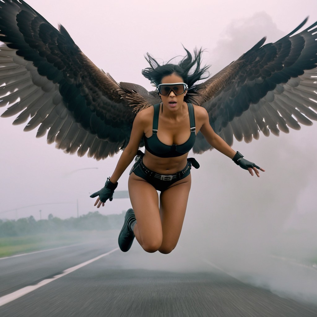 Woman with Eagle Wings in Mid-Air Action Scene