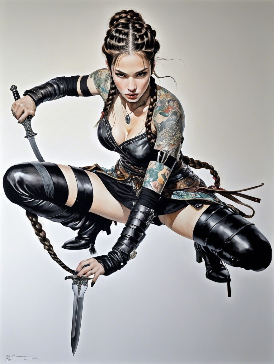 Tattooed Woman in Crouch with Blades and Leather Outfit