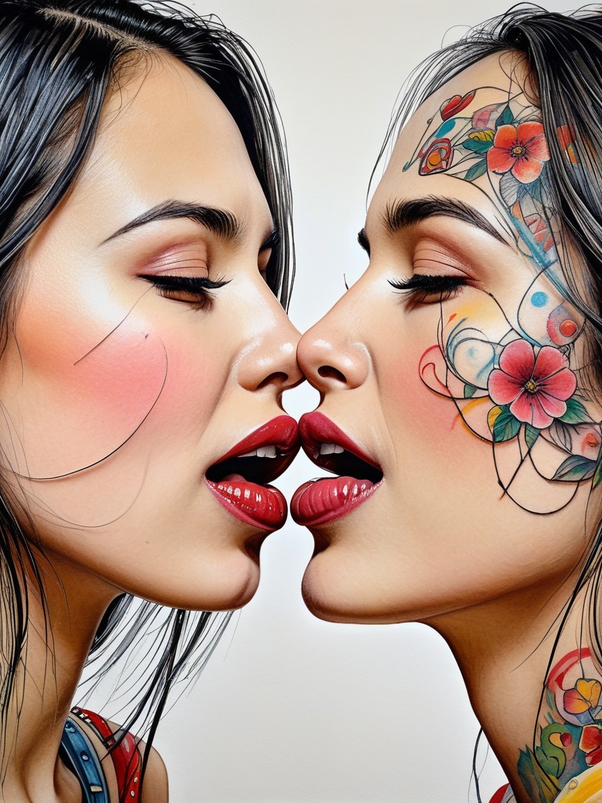 Intimate Moment of Two Women with Floral Tattoos