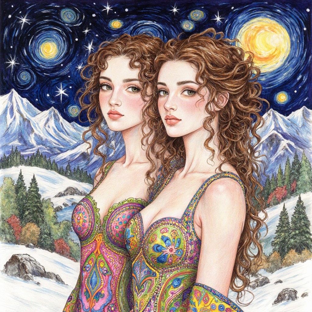 Young Women in Vibrant Dresses Under Starry Sky