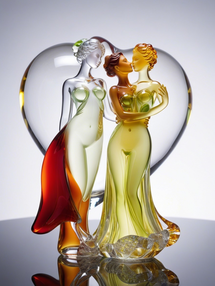 Glass Sculpture of Intertwined Figures with Heart Backdrop