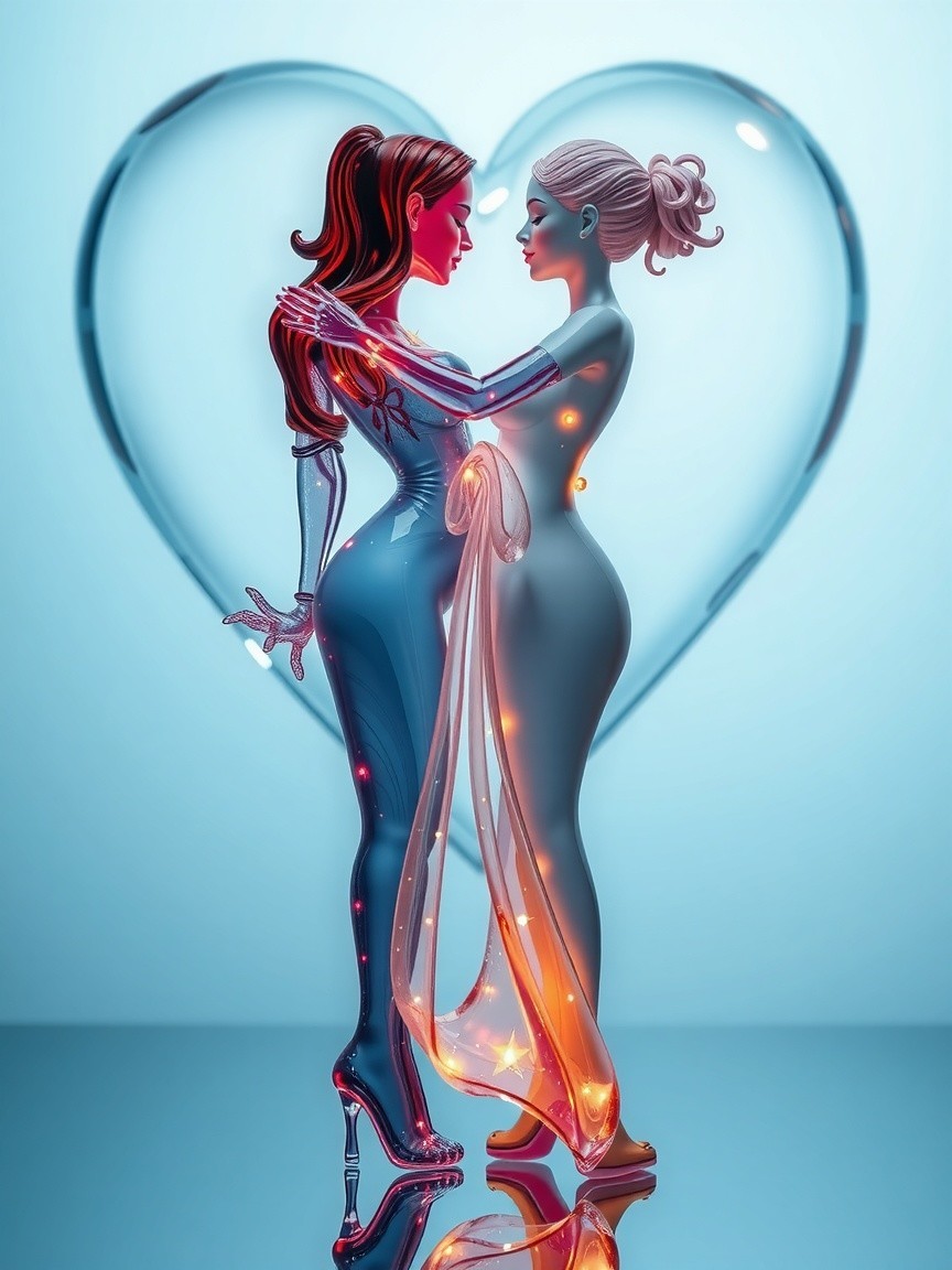 Surreal Heart-Shaped Glass Structure with Embracing Figures